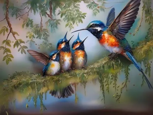 humming bird pair,bird painting,birds on a branch,hummingbirds,songbirds,swallows,humming birds,bird couple,birds on branch,colorful birds,oil painting on canvas,tropical birds,blue birds and blossom,