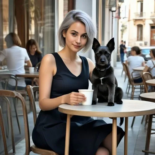 an image of a woman and her dog at the table,girl with dog,espresso,barista,cappuccino,woman at cafe,dog cafe