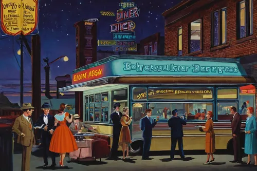 retro diner,ice cream parlor,diner,payphone,soda fountain,night scene,new york restaurant,restaurants,fifties,ann margarett-hollywood,ice cream shop,drive in restaurant,fifties records,deli,a restaurant,drinking establishment,big band,record store,coffeehouse,background image,Art,Artistic Painting,Artistic Painting 38