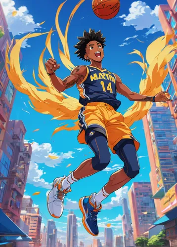 Imagine Ja Morant soaring through the air, ready to unleash an electrifying dunk on a vibrant cityscape background.,basketball player,kobe,lance,streetball,globetrotter,basketball,jump,woman's basketb