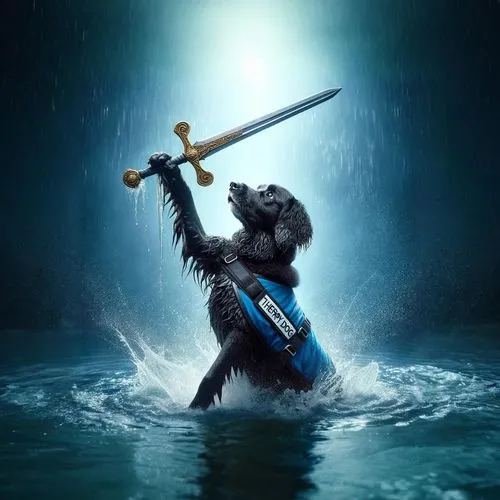 waves of water ripple out from the dog emerging from the water, and the sky contains rain that poors down.,king kong,kong,monkeys band,banjo bolt,gorilla,banjo,rock band,banjo uke,monkey soldier,goril