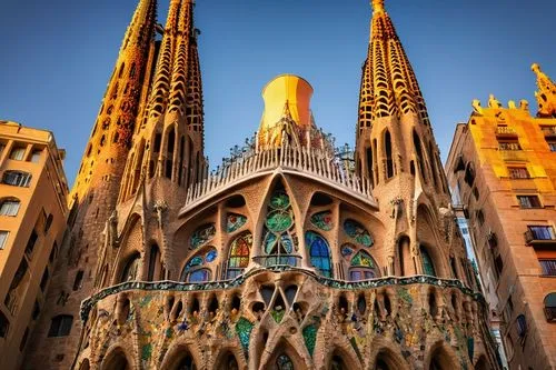 Barcelona, famous architecture, Antoni Gaudí, Sagrada Família, intricate details, ornate façade, vibrant colors, towering spires, Gothic Quarter, narrow streets, historic buildings, balconies with iro