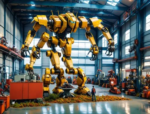 a large machine in a warehouse with a man walking beside it,yellow machinery,industrial robot,autotransformer,constructicon,technopolis,robotics,Photography,General,Realistic