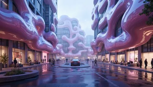 futuristic landscape,fantasy city,shopping street,mvrdv,pedestrianized,sky space concept,cloudstreet,futuristic architecture,3d rendering,cybercity,microdistrict,3d fantasy,sanlitun,urbanworld,pink city,whampoa,futuristic art museum,urban design,virtual landscape,luxehills