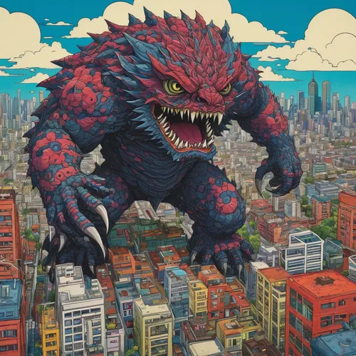 godzilla,shinjuku,dragon of earth,drexel,skycraper,tokyo,kong,king kong,dinokonda,gigantic,tokyo city,wuhan''s virus,fukushima,chinese dragon,painted dragon,dragon li,fukuoka,sakana,kumamoto,basilisk,Illustration,Japanese style,Japanese Style 16