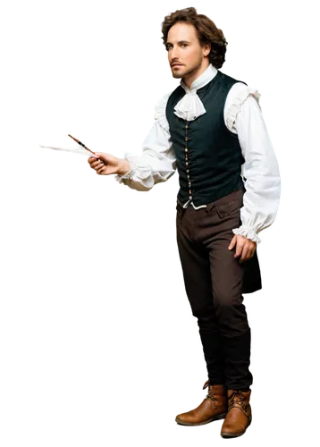 Shakespeare, male, Elizabethan era clothing, white shirt with ruffles, black vest, brown pants, boots, holding quill pen, standing, Renaissance background, warm lighting, soft focus, facial close-up, 