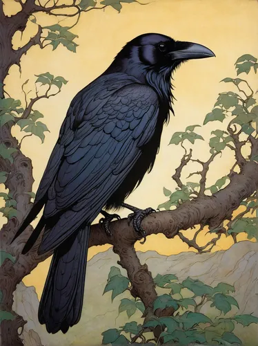 In a forgotten, overgrown garden, a raven perched on a wilting tree silently observes the desolate surroundings, awaiting a sign of life.,corvidae,raven bird,new caledonian crow,american crow,common r