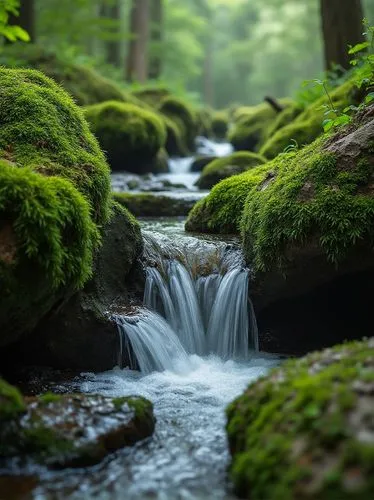 Beautiful green, mossy rocks with flowing water in the forest, in high definition, captured by a Canon EOS camera,












,a stream that is running through a lush green forest,aaaa,moss landscape