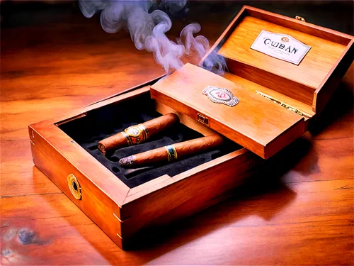 Cuban cigar, luxury cigar box, golden wrapper, intricate ring gauge, humidifier, leather pouch, wooden ashtray, smoke curling upwards, warm lighting, 3/4 composition, shallow depth of field, rich brow