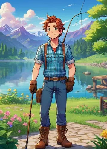 farmer in the woods,lumberjack,lumberjack pattern,mountain guide,brawny,farmer,farm background,game illustration,adventurer,cowboy plaid,male character,hiker,woodsman,rowan,heidi country,cartoon video game background,springtime background,oktoberfest background,mountain boots,overall,Illustration,Japanese style,Japanese Style 02