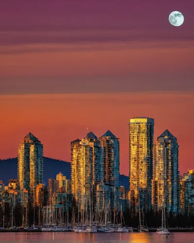 vancouver,british columbia,false creek,moonrise,vancouver island,city skyline,queen anne,west canada,science world,evening city,tall buildings,city scape,canada cad,urban towers,high rises,hdr,seattle,cityscape,blue hour,super moon,Conceptual Art,Sci-Fi,Sci-Fi 17