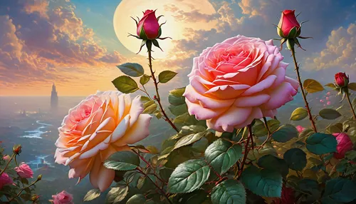 landscape rose,noble roses,blooming roses,colorful roses,sun roses,splendor of flowers,pink roses,spray roses,esperance roses,romantic rose,roses,flower background,way of the roses,rose flower illustration,rosebushes,bella rosa,rose order,rose roses,flowers png,flower in sunset,Conceptual Art,Fantasy,Fantasy 05