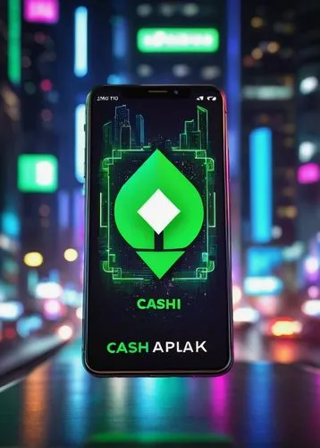 Modern, sleek, Cash App logo, mobile phone screen, fake digital money, 3D visual effects, shiny metallic surface, bright neon lights, futuristic cityscape at night, skyscrapers, busy streets, people w