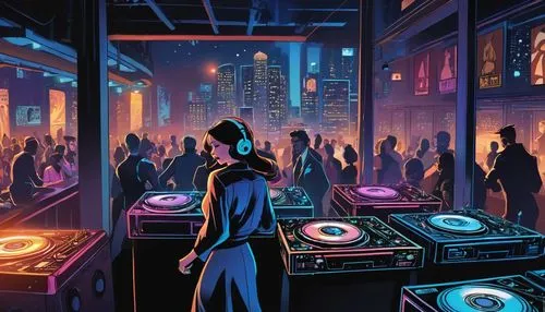 nightclub,dancefloor,clubbing,nightclubs,jukebox,cyberpunk,jukeboxes,dancefloors,arcade,dance club,pinball,discotheques,nightlife,cybertown,cybercity,spaceland,discotheque,synth,sci fiction illustration,polara,Illustration,American Style,American Style 13