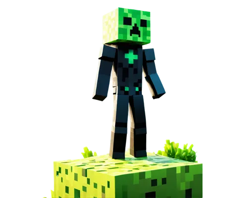 Blocky terrain, low poly style, bright vibrant colors, Creeper, Enderman, Steve, Alex, Diamond armor, golden sword, Minecraft logo, 3D blocky texture, day cycle, warm lighting, soft focus, 45-degree a