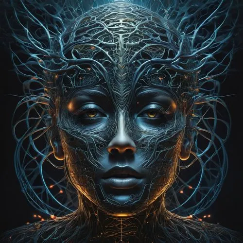 afrofuturism,pineal,vodun,psytrance,precognition,oracular,telepath,biomechanical,shaman,matriarchal,ayahuasca,cognition,zodiac sign gemini,cyberia,shamanic,mystical portrait of a girl,gemini,fractals art,sci fiction illustration,avatar,Conceptual Art,Fantasy,Fantasy 17