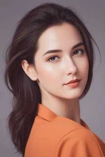 an asian woman with long hair wearing an orange shirt,portrait background,hapa,yifei,abdullayeva,natural cosmetic,manohara,Illustration,Japanese style,Japanese Style 06