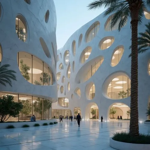 college of engineering,3D printing technology,sustainability techniques, modern design in dubai,people walking around in an empty area of an office building,masdar,soumaya museum,bjarke,champalimaud,k