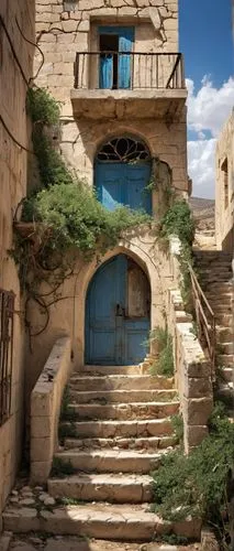 Deserted, abandoned, hollow buildings, Israel, Occupation architecture, Middle Eastern style, crumbling walls, rusty gates, overgrown with vines, worn-out stone stairs, broken windows, shattered glass