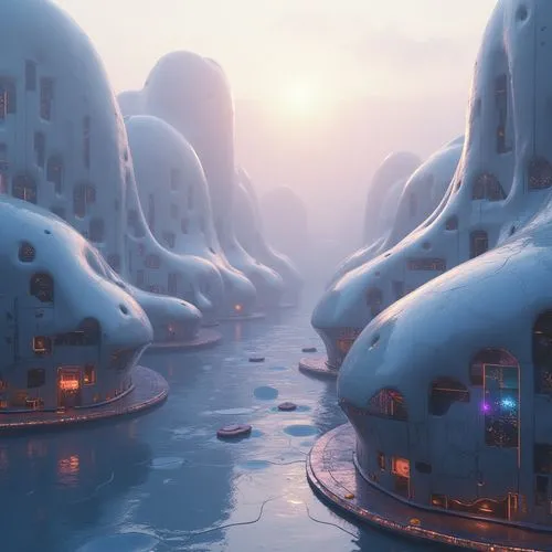 futuristic landscape,snowhotel,cube stilt houses,igloos,winter village,aurora village,fantasy city,snowville,ice planet,ice landscape,fractal environment,santa's village,ecotopia,fantasy landscape,3d render,extrasolar,alpine village,icewind,elves country,3d fantasy,Photography,General,Realistic