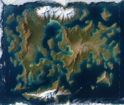 Photo realistic spatial picture render in high-resolution, top-down, orbital view of the world of Erlar, ensuring that its Surface is three times larger than Earth. Highlight the South Pole as a dark,