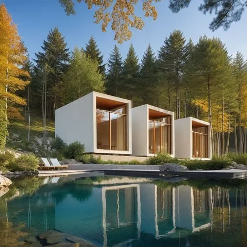 Diseño de 3 cabañas, estilo mínimalista a base de cubos recubiertos de lámina de acero con un ventanal panorámico qué mira  un lago, agua azul, reflejos, sombras, corrección de herrores, proporción, f