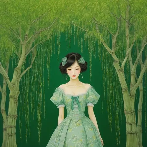 green dress,girl with tree,girl in a long dress,hanbok,cheongsam,girl in the garden,fairy tale character,fantasy portrait,green wallpaper,green background,a girl in a dress,kodama,cinderella,zhiyuan,digital illustration,zhui,ballerina in the woods,green tree,dorthy,principessa,Illustration,Japanese style,Japanese Style 18