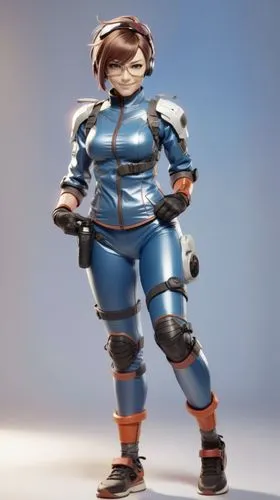 all rendered in 3d, anime style head, with punk haircut with side shave, with exposed ears and a big smile, futuristic suit,a futuristic police female in a blue leather suit,sportacus,mei,tracer,mator