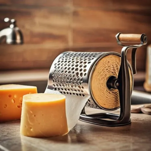 Toilet paper roll, vintage cheese grater, wooden handle, metal grating surface, kitchen counter, morning light, warm atmosphere, soft focus, shallow depth of field, still life composition, realistic t