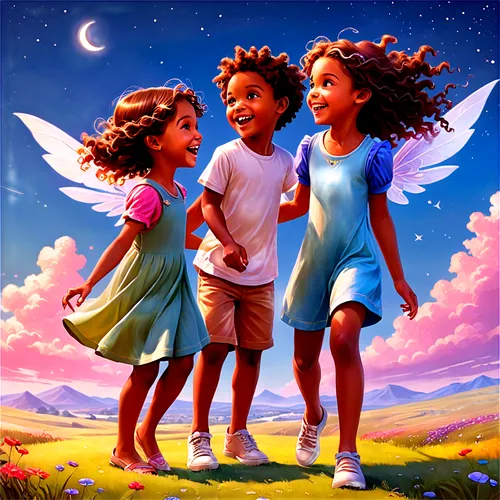 little angels,children's background,kids illustration,afro american girls,children,african american kids,Illustration,Realistic Fantasy,Realistic Fantasy 01