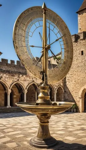 A magnificent brass sundial, its etched surface worn smooth by centuries of use, stands proudly in a castle courtyard. Its intricate markings cast a precise shadow, telling the time with timeless eleg