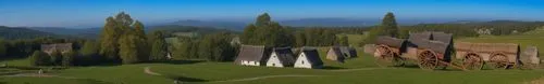 a couple of houses and an animal stand in front of a field,cypresses,hobbiton,riftwar,asheron,narnians,beleriand,Photography,General,Realistic