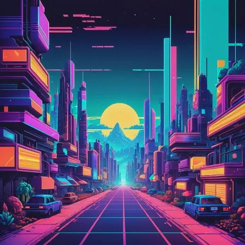 retro background,synth,80's design,futuristic landscape,polara,beautiful wallpaper,cybercity,retro styled,cyberpunk,abstract retro,colorful city,cybertown,futuristic,dusk,neon arrows,cyberscene,tokyo city,metropolis,dusk background,extrasolar,Illustration,Retro,Retro 04