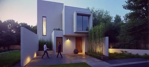 CASA ESTILO MINIMALISTA UBICADA, COMBINANDO LOS COLORES VIBRNTES DE LA ARQUITECTURA MEXICANA Y LA PIEDRA DE RECINTO,  EN UN FRACCIONAMIENTO CON VEGETACIÓN EXUBERANTE, PERSONAS,ARBOLES, PALMERAS, CORRE