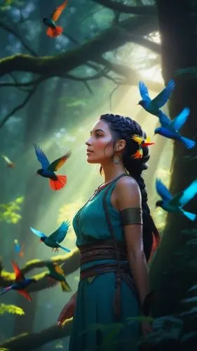 a lady with black braided hair, surrounded by colorful birds in a forest, soft ray of light effect, ultra HD, 8K image,fantasy picture,pocahontas,arundhati,inara,kahlan,fantasy art,fairie,faerie,zarin