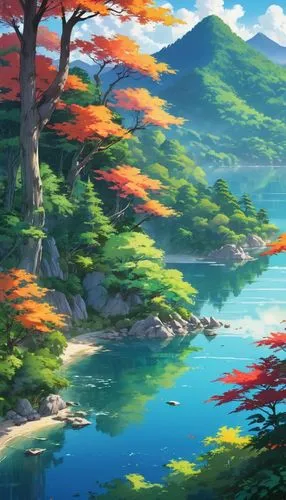 landscape background,nature background,japan landscape,autumn background,background colorful,colorful water,Illustration,Japanese style,Japanese Style 03