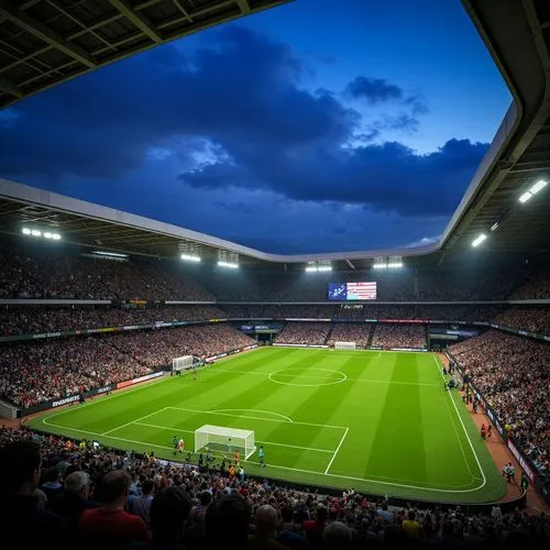 Floodlit soccer stadium, evening atmosphere, vibrant green grass, sleek modern architecture, angular lines, cantilevered roofs, grandstand seating, player tunnels, goalposts, referee areas, LED scoreb