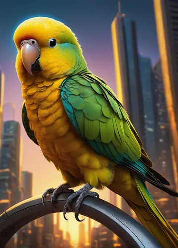 In a futuristic city, a rare golden parakeet holds the secret to a powerful energy source.,yellow macaw,yellow parakeet,blue and gold macaw,yellow green parakeet,sun parakeet,beautiful yellow green pa