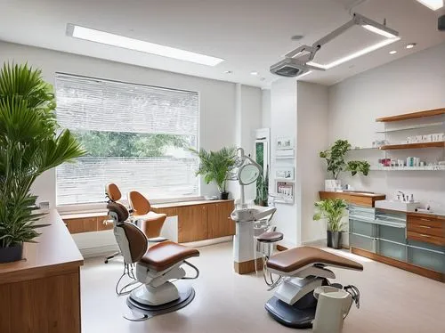 dental practice, modern interior, clean white walls, large windows, natural light, wooden furniture, leather chairs, glass tables, metal equipment, dental chair, dentist uniform, female dentist, smili