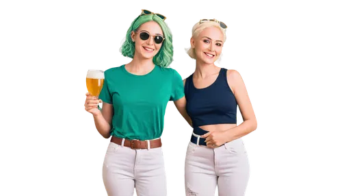 Happy girl, St Patrick's Day, green hair accessories, shamrock-shaped sunglasses, smile, festive atmosphere, holding a beer mug, wearing a green t-shirt, white pants, golden belt buckle, standing with