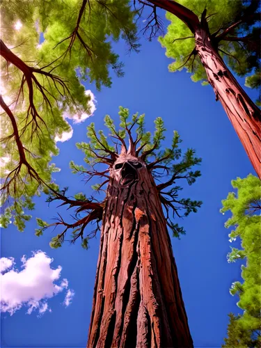 Redwood tree, cartoon style, vibrant green leaves, thick trunk, gnarled branches, whimsical facial expression, bright blue sky, fluffy white clouds, sunny day, soft light, 3/4 composition, shallow dep