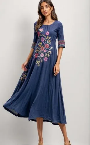 scoop neck, suzani embroidery placement, maxi knit havy dress, three quarter sleeve,women's clothing,women clothes,day dress,dress form,ladies clothes,jasmine blue,sheath dress,mazarine blue,bridal pa