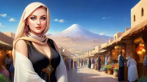 Romantic masterpiece oil painting, beautiful curvy busty woman portrait, curvy MILF, tight abaya dress, no cleavage, nostalgic 1950's style kitsch, breathtaking beautiful epic vast landscape, Persian 