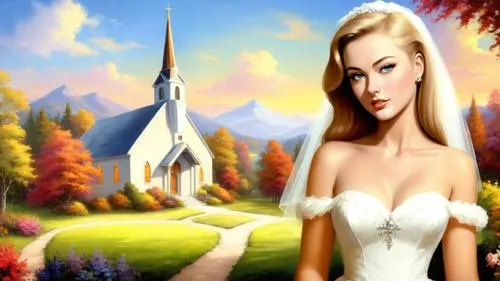 dark saturated colors, Romantic masterpiece oil painting, beautiful girl bridal gown portrait, nostalgic 1950's style kitsch, rural American church landscape, cozy familiar scenery, by Thomas Kinkade,