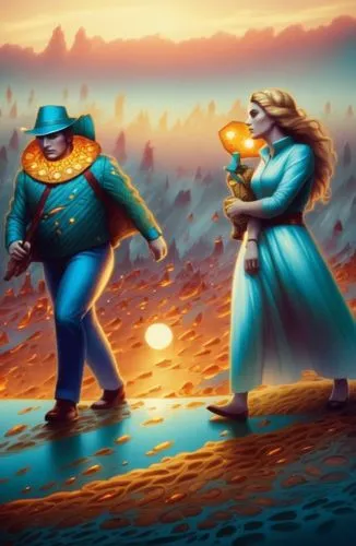 a painting of people looking at each other,scummvm,garrison,discworld,caballeros,lechuck,guards of the canyon,Illustration,Realistic Fantasy,Realistic Fantasy 25