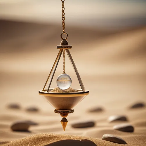  a glass pendulum levitating in the air, with golden glowing sand in it. two gold rings crossing wrapped around the pendulum engraved with old runes and scriptures.,sand timer,sand clock,pendulum,vint