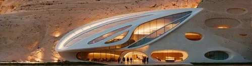 a building that has a curved roof and wavy windows,superadobe,cave church,arcosanti,futuristic architecture,goetheanum,earthship,Photography,General,Cinematic