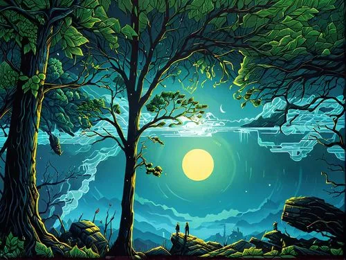 the night sky is blue and full of green trees,cartoon video game background,forest background,nature background,landscape background,forest landscape,beautiful wallpaper,Illustration,Realistic Fantasy