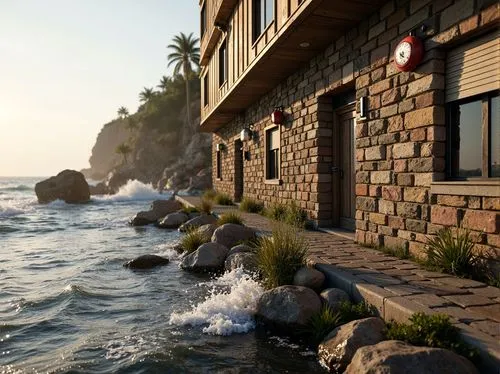 Rugged coastal scenery, crashing waves, salty sea air, weathered brick facades, robust masonry, textured stone walls, durable mortar joints, reinforced foundations, storm-resistant windows, protective