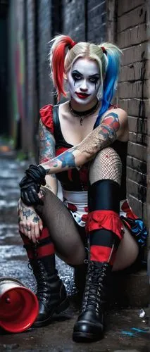 Harley Quinn, clown costume, colorful hair, red and blue ponytails, white face paint, black eyeliner, red lipstick, tattoos on arms, ripped fishnet stockings, combat boots, holding a mallet, sitting o